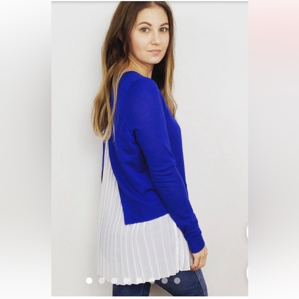 Sandro royal blue wool and white pleated chiffon pull over sweater